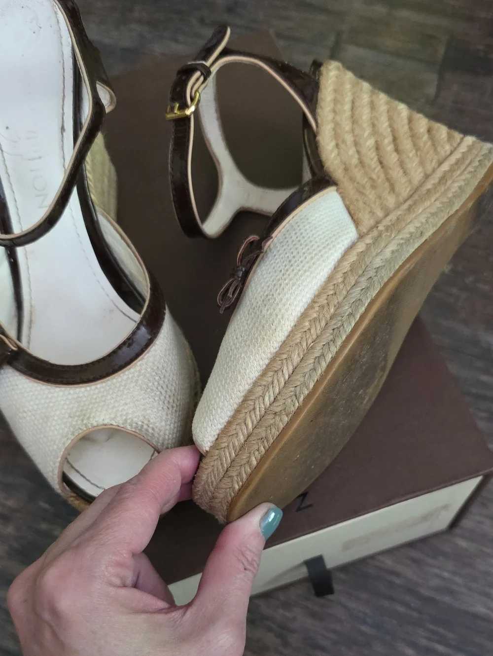 Louis Vuitton Cream and Brown Peep-Toe Wedge Sandals Size 38 - Picture 11 of 11